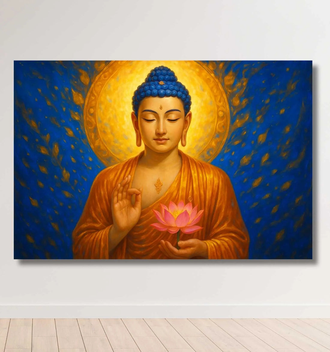 Kunj Cart – Buddha Painting Big Size | Golden & Blue Buddha Wall Painting with Lotus | HD Canvas Buddha Paintings for Living Room, Spiritual Home & Office Décor