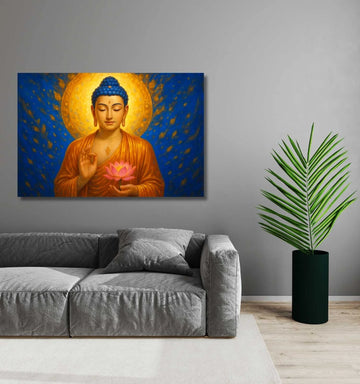 Kunj Cart – Buddha Painting Big Size | Golden & Blue Buddha Wall Painting with Lotus | HD Canvas Buddha Paintings for Living Room, Spiritual Home & Office Décor