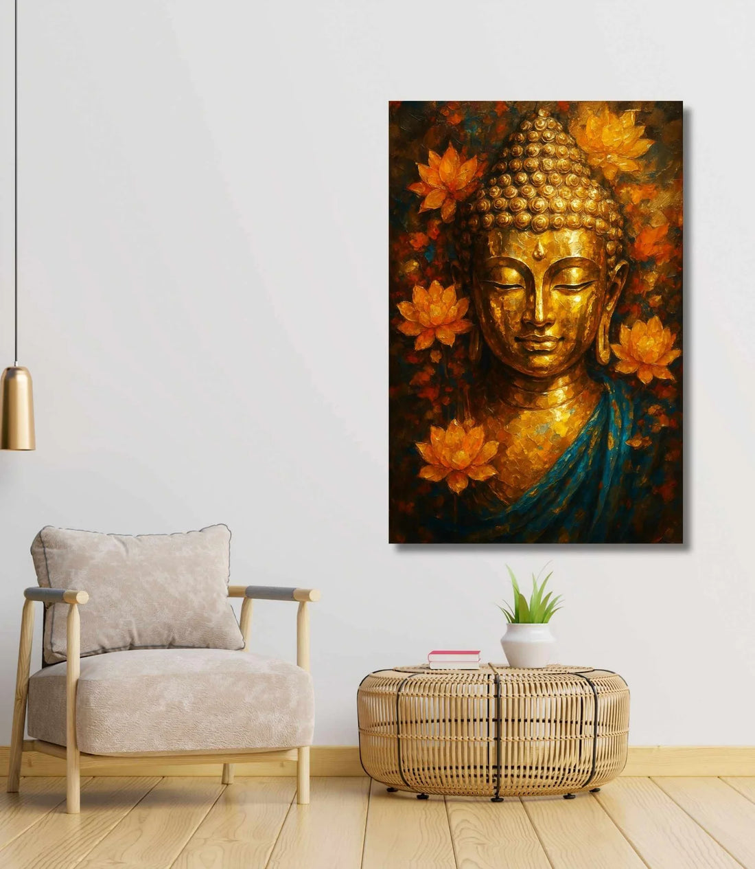 Modern Buddha Painting for Living Room in Bright Golden Texture | Gautam Buddha Canvas Art with Shining Flowers & Spiritual Aura | Premium Buddha Paintings