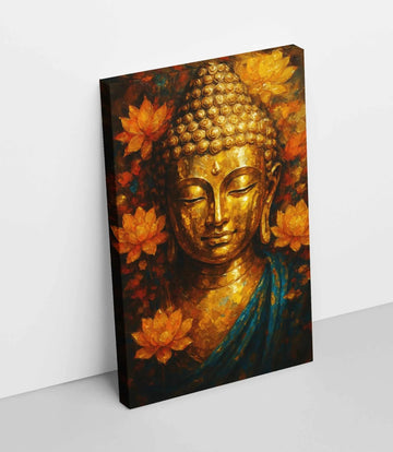 Modern Buddha Painting for Living Room in Bright Golden Texture | Gautam Buddha Canvas Art with Shining Flowers & Spiritual Aura | Premium Buddha Paintings