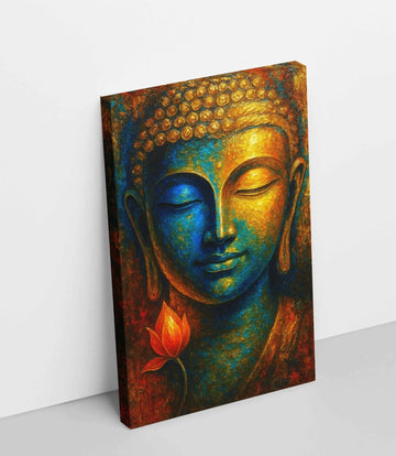 Abstract Blue & Gold Buddha Canvas Wall Art with Lotus Flower | Handmade-Style Gautam Buddha Painting by KunjCart
