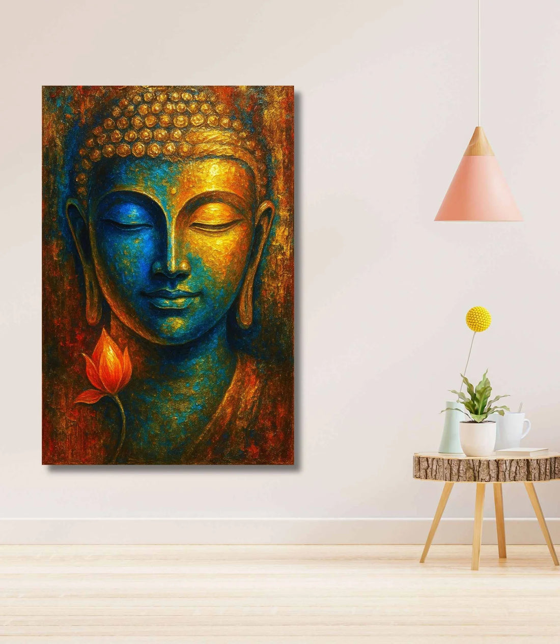 Abstract Blue & Gold Buddha Canvas Wall Art with Lotus Flower | Handmade-Style Gautam Buddha Painting by KunjCart