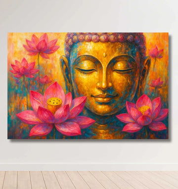 Kunj Cart – Buddha Painting Big Size | Golden Buddha Wall Painting with Pink Lotus Flowers | HD Canvas Buddha Paintings for Living Room & Spiritual Home Décor