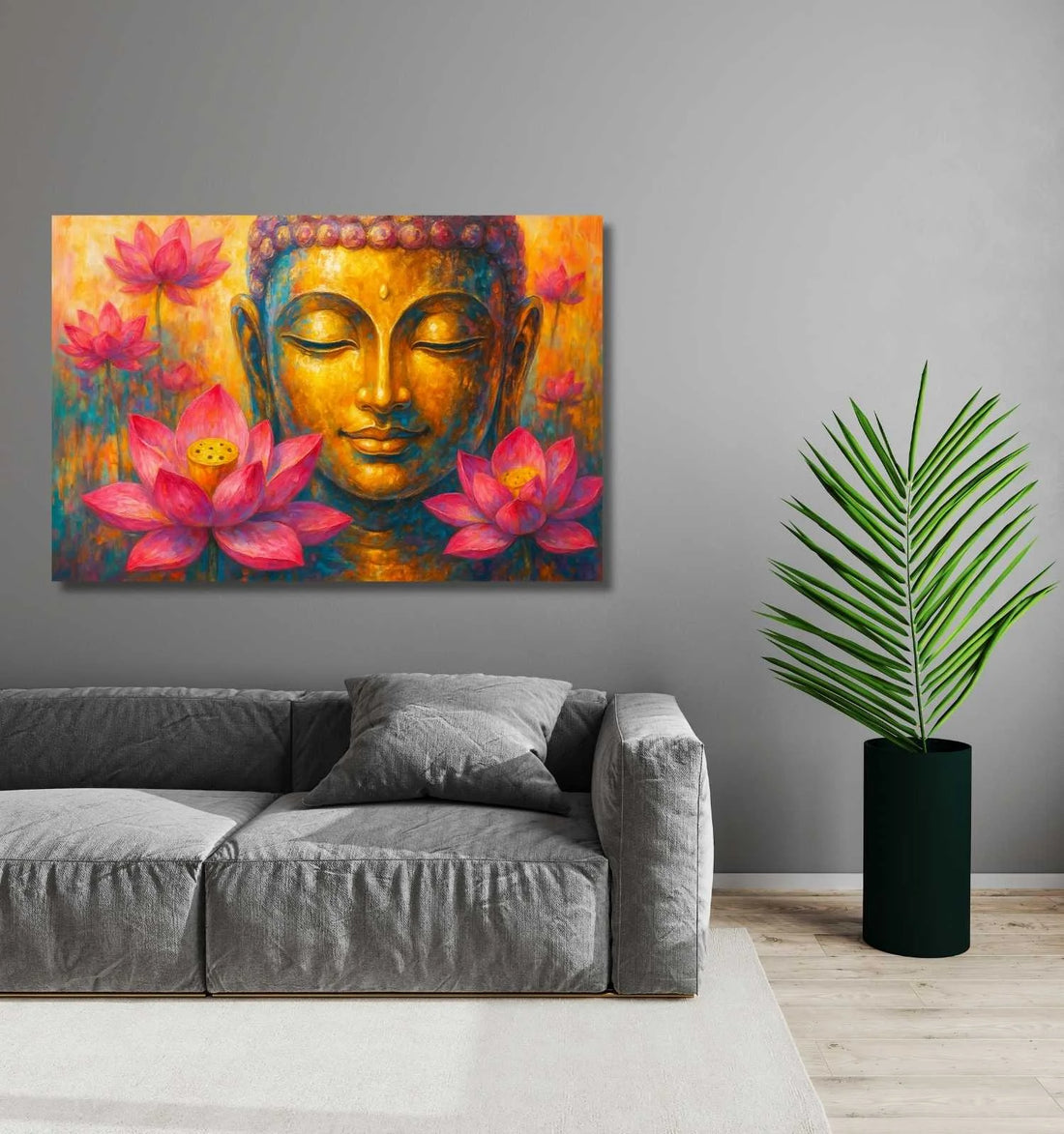 Kunj Cart – Buddha Painting Big Size | Golden Buddha Wall Painting with Pink Lotus Flowers | HD Canvas Buddha Paintings for Living Room & Spiritual Home Décor