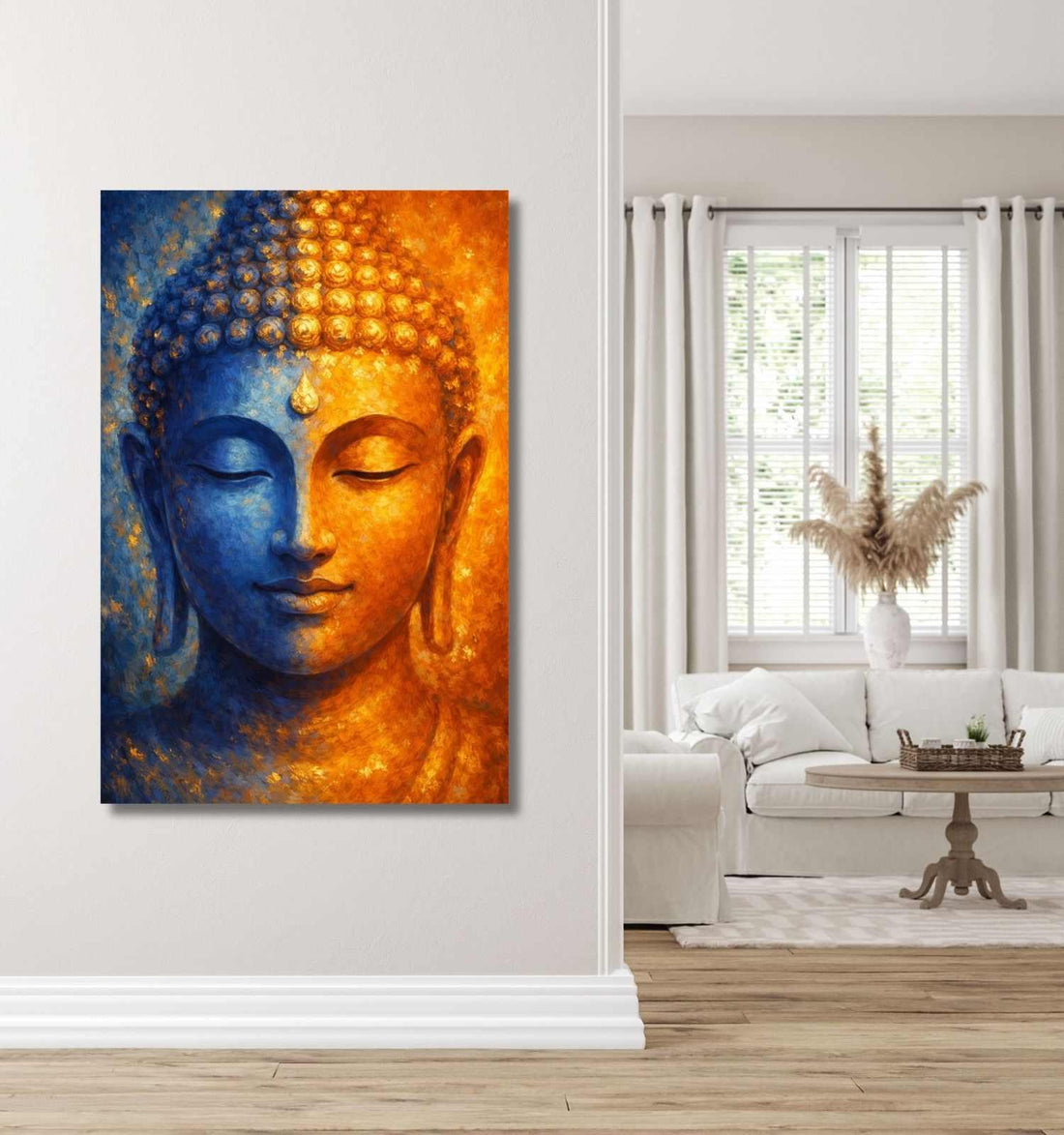 Dual Tone Abstract Buddha Canvas Painting | Blue & Orange HD Art for Modern Home Décor | Gautam Buddha Painting for Home Wall