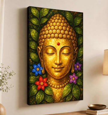 Floral Buddha Canvas Painting | Golden Face with Green Leaves & Colorful Flowers | Gautam Buddha Painting for Living Room Wall