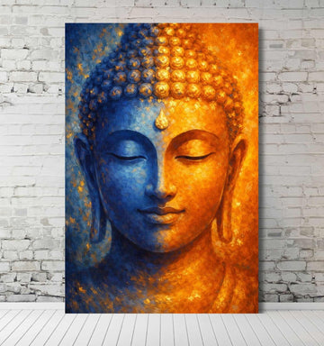 Dual Tone Abstract Buddha Canvas Painting | Blue & Orange HD Art for Modern Home Décor | Gautam Buddha Painting for Home Wall