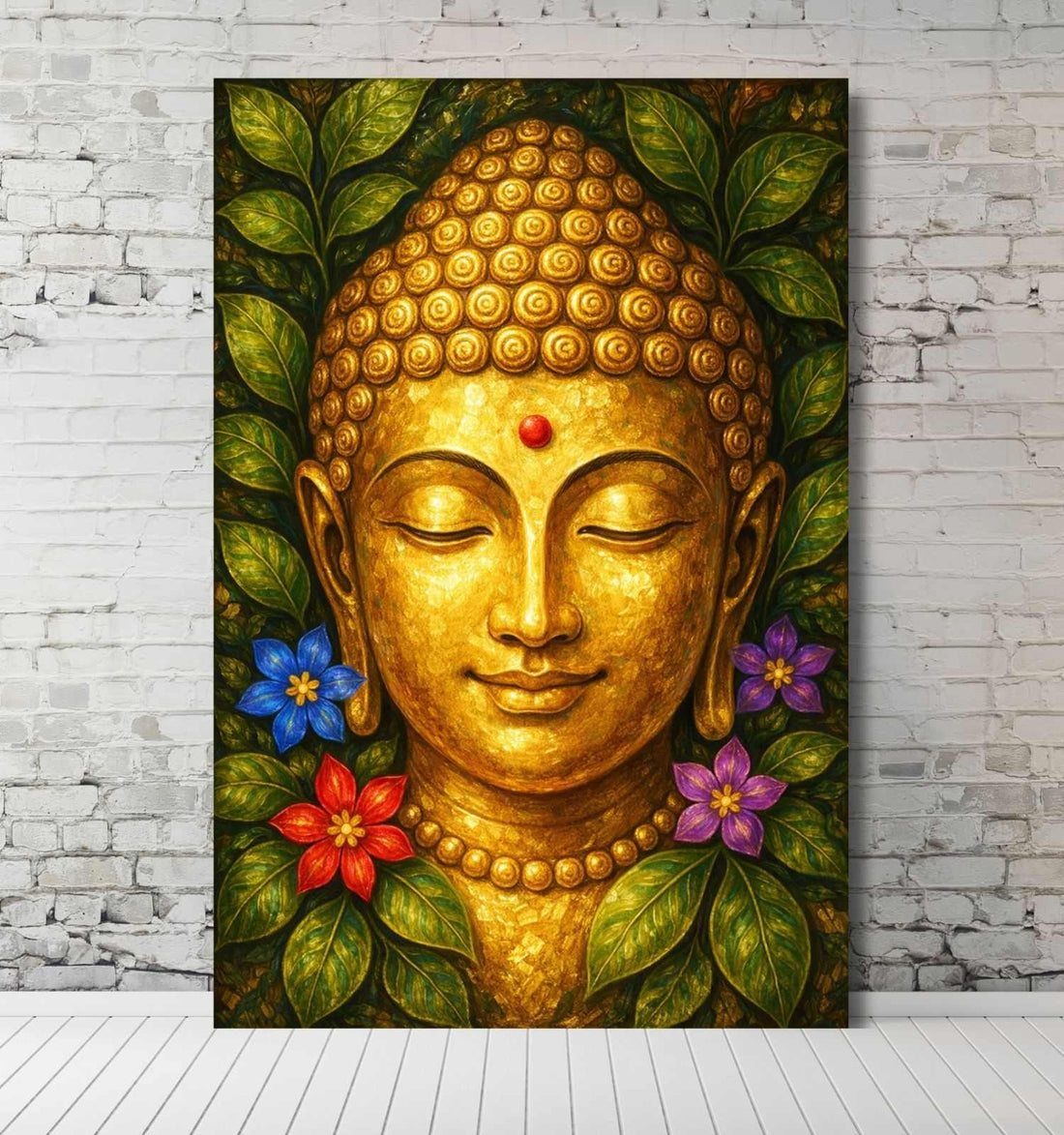 Floral Buddha Canvas Painting | Golden Face with Green Leaves & Colorful Flowers | Gautam Buddha Painting for Living Room Wall