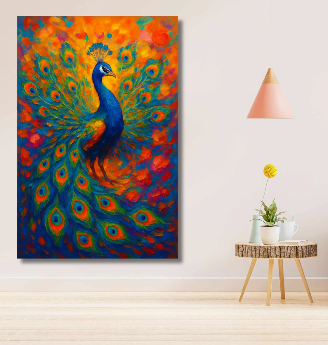 Colorful Peacock Canvas Painting for Wall | Dancing Peacock Artwork with Vastu Design | HD Handmade-Style Print for Home & Office Decor