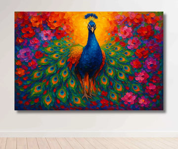 Dancing Peacock Painting on Canvas | Vibrant HD Peacock Artwork with Vastu Touch | Abstract Wall Art for Home & Office