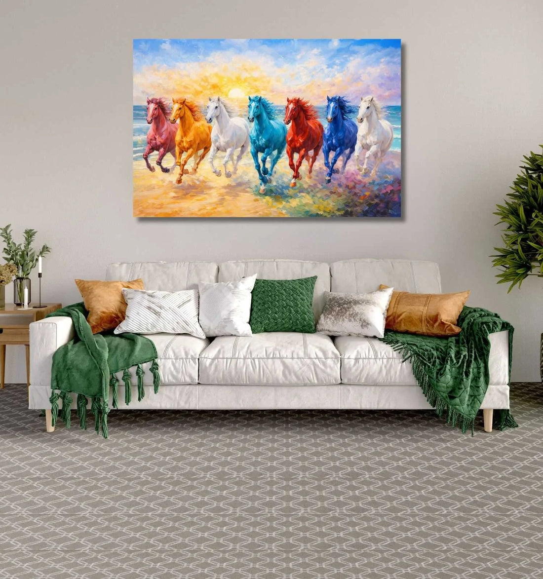 KunjCart Running Horse Painting – Colorful 7 Running Horses Painting with Sunset Beach Scene, Bright Multicolor Horses, 7 Horses Vastu Painting Canvas Art