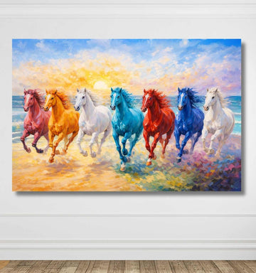 White Horse Painting Running Horse Painting With Sunset Beach Art For Living Room Wall Decor KunjCart