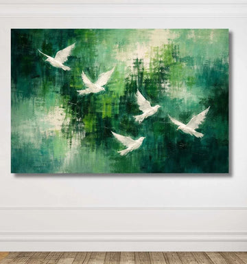 Flying Dove Abstract Painting Green Nature Art | Landscape Abstract Wall Painting | Peaceful Bird Abstract Canvas Painting by KunjCart