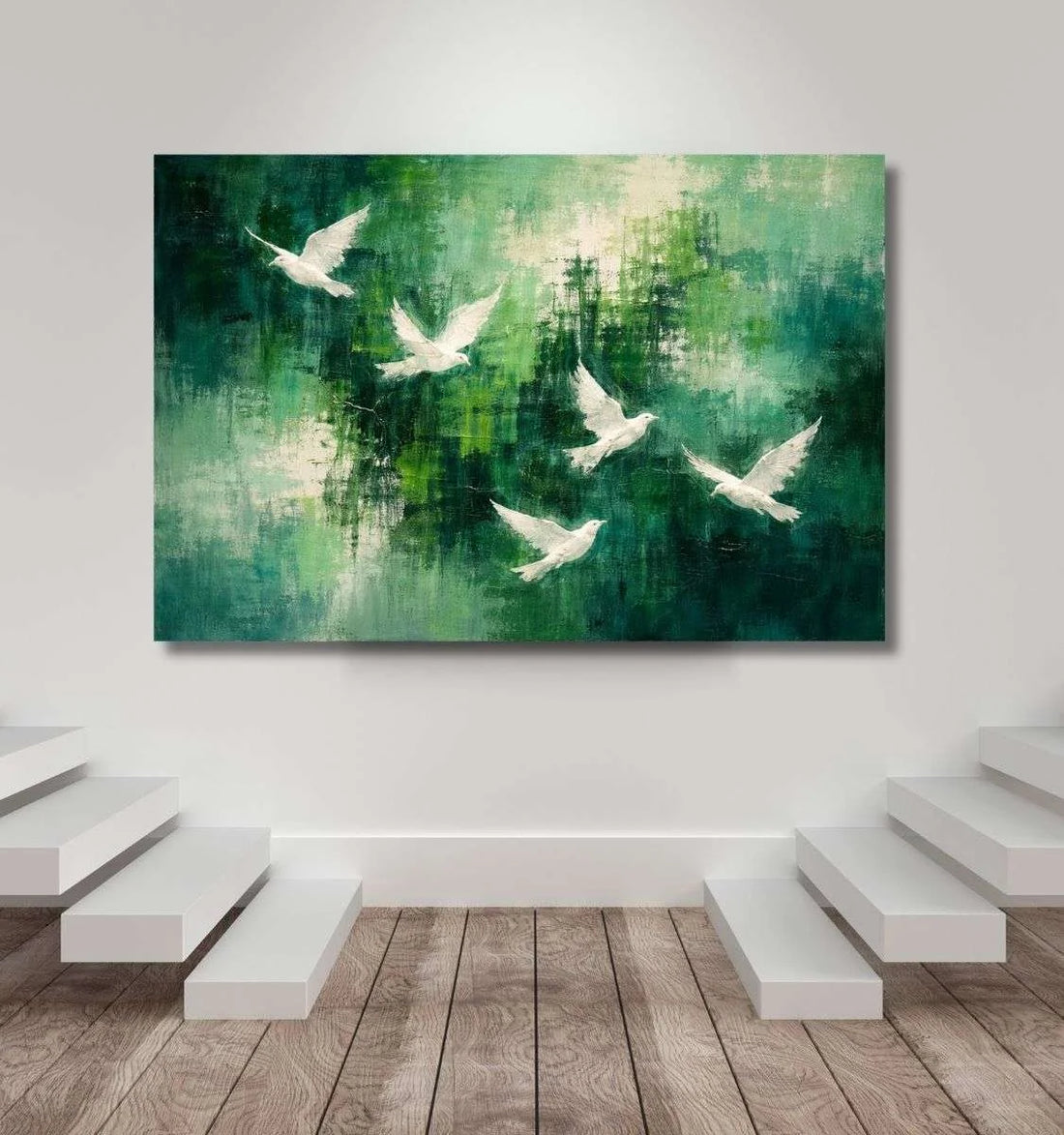 Flying Dove Abstract Painting Green Nature Art | Landscape Abstract Wall Painting | Peaceful Bird Abstract Canvas Painting by KunjCart