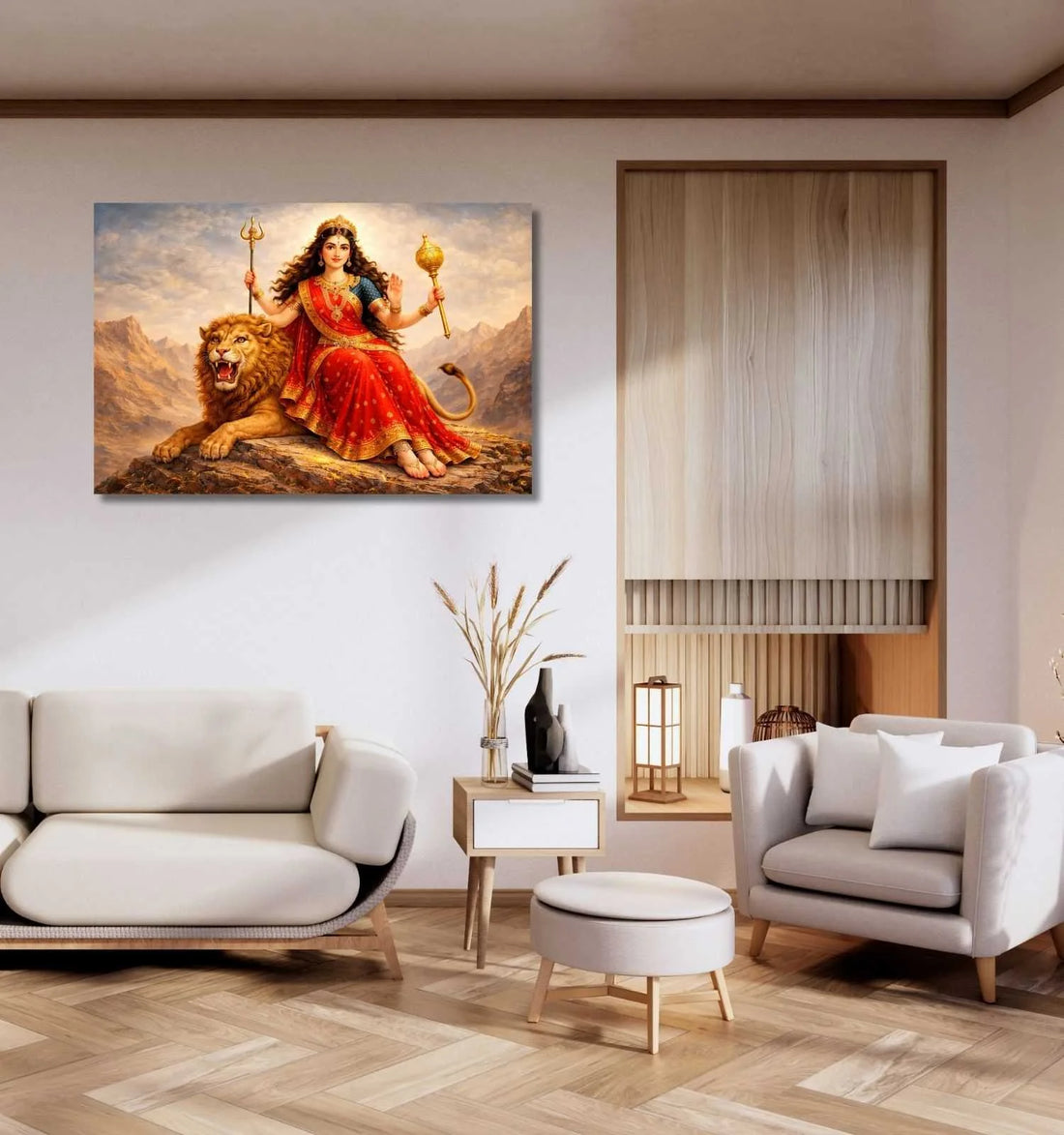 Abstract Durga Painting on Canvas | Divine Durga Canvas Painting with Lion & Trishul | Golden Aura Durga Maa Painting Wall Art for Home Decor