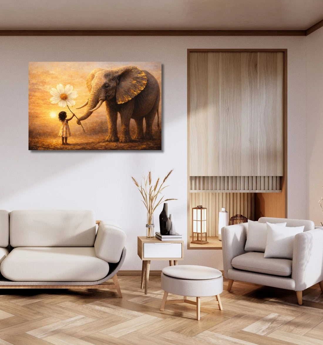 Kunj Cart – Beautiful Elephant Painting | Girl Holding Flower To Elephant, Colorful Royal Elephant Painting For Home & Office Decor