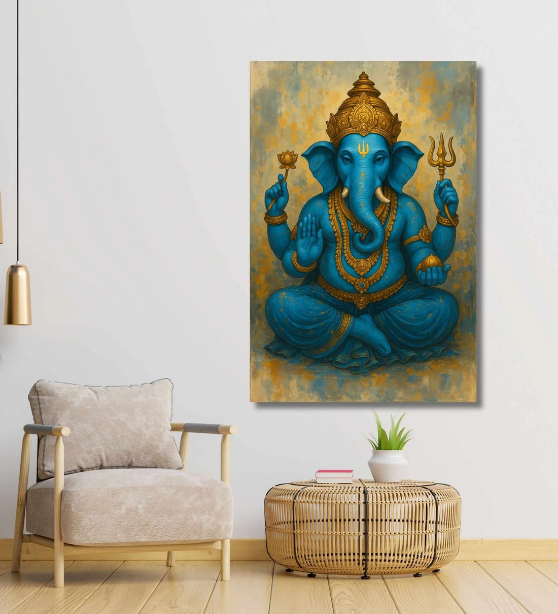 Ganpati Canvas Painting | Abstract Blue Lord Ganesha Wall Art with Golden Ornaments | Ganesha Painting for Wall Decoration