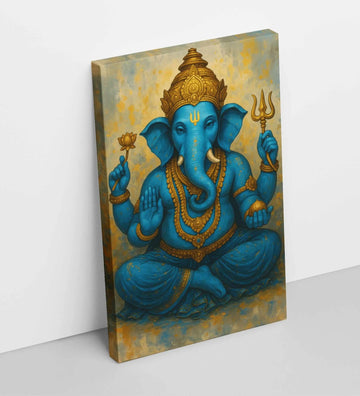 Ganpati Canvas Painting | Abstract Blue Lord Ganesha Wall Art with Golden Ornaments | Ganesha Painting for Wall Decoration