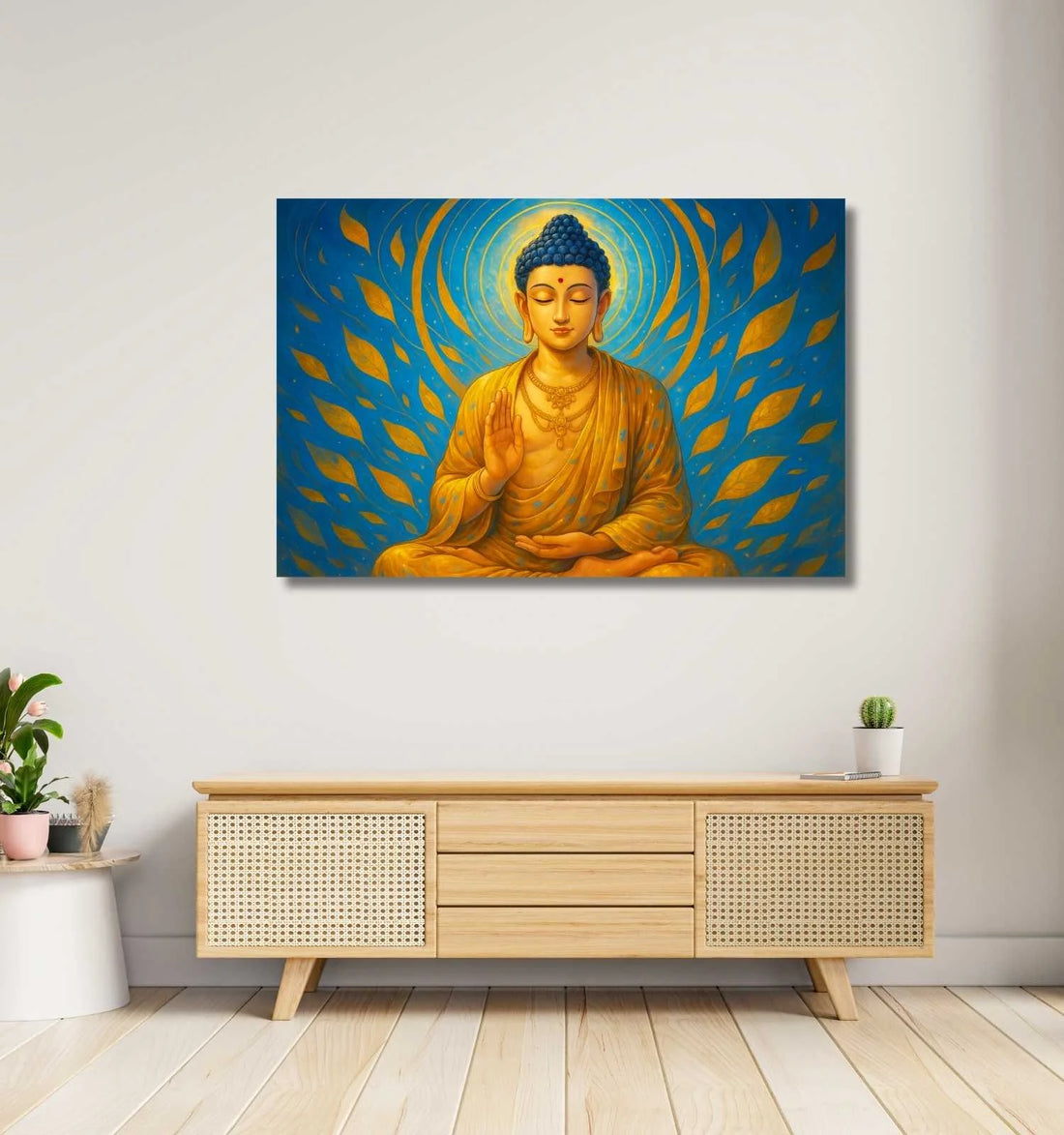Kunj Cart Canvas Buddha Painting | Golden & Blue Gautam Buddha Wall Painting with Radiant Leaves | HD Canvas Buddha Paintings for Living Room & Spiritual Home Décor