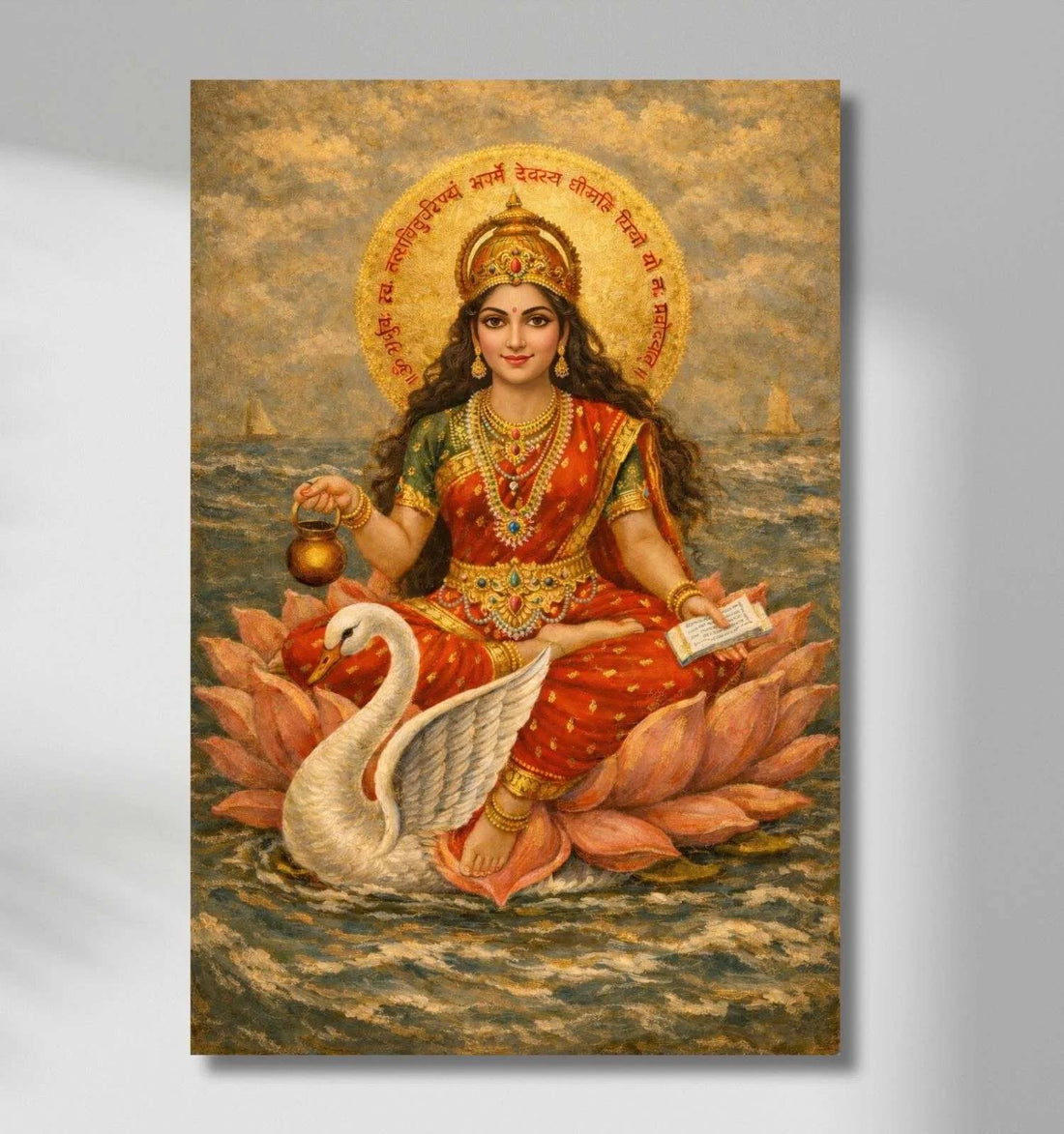 Gayatri Mata Painting – Gayatri Mata Canvas Painting – Golden Red Divine Goddess Gayatri Mata Painting with Swan & Lotus | KunjCart
