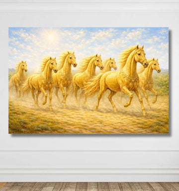 White Horse Painting 7 Horses Running Art With Golden Sunrise For Living Room Wall Decor KunjCart