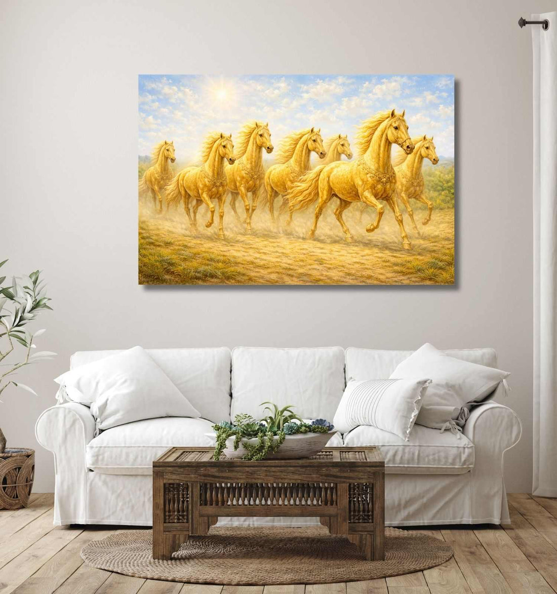 White Horse Painting 7 Horses Running Art With Golden Sunrise For Living Room Wall Decor KunjCart