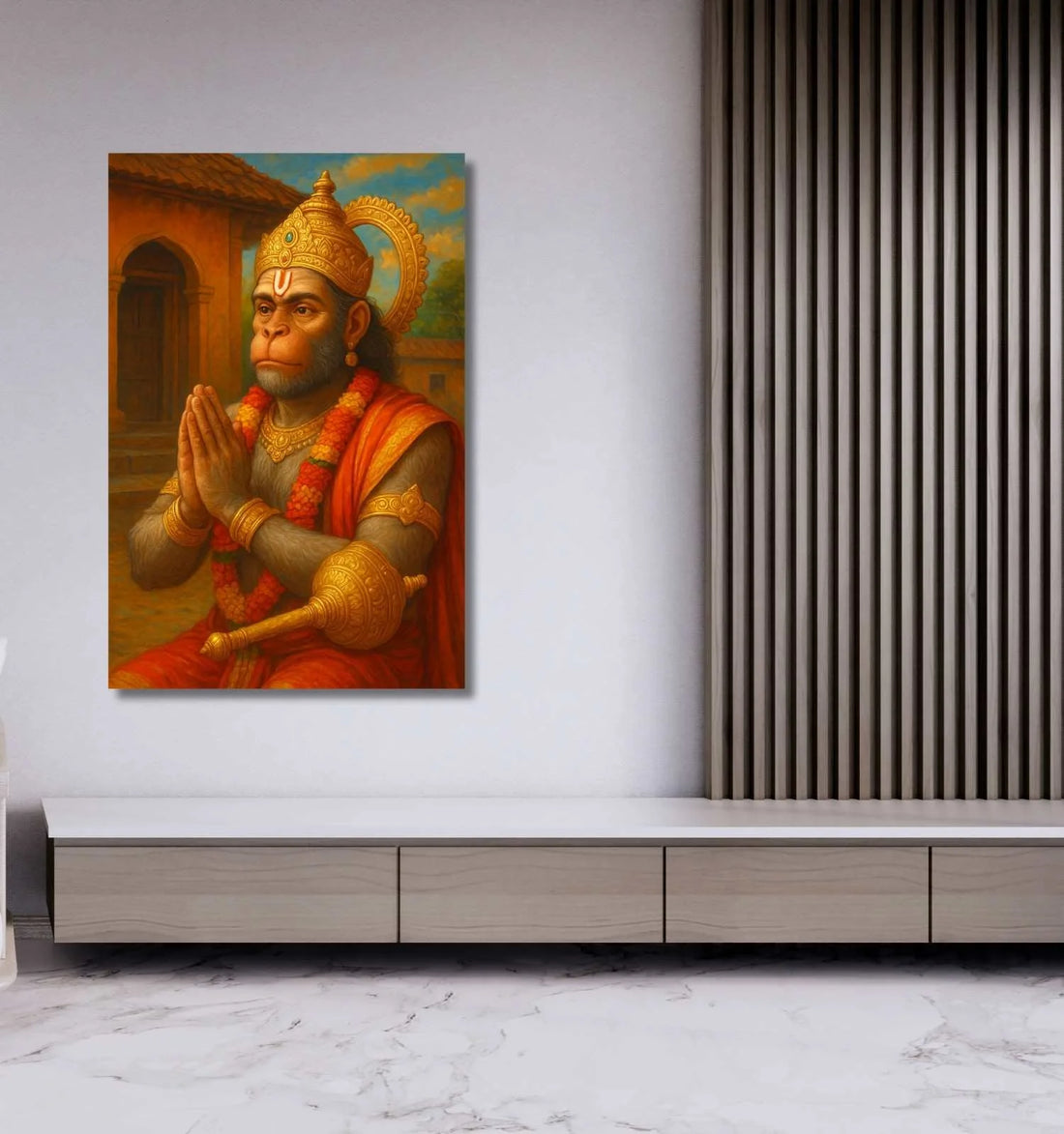 KUNJ CART – Hanuman Painting with Temple Background | Spiritual Lord Hanuman Painting for Wall | Divine Hanuman Oil Painting on Canvas