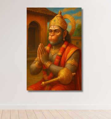 KUNJ CART – Hanuman Painting with Temple Background | Spiritual Lord Hanuman Painting for Wall | Divine Hanuman Oil Painting on Canvas