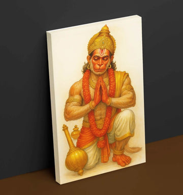 KUNJ CART – Hanuman Painting for Wall | Divine Lord Hanuman Canvas Art in Namaskar Pose with Golden Aura & Gada for Home & Office Décor