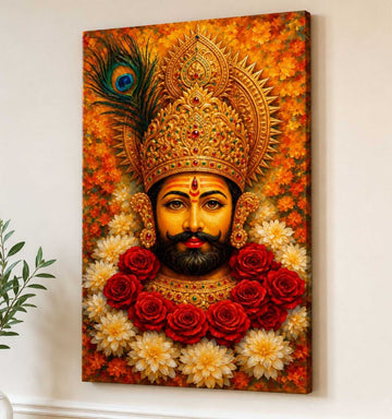 Khatu Shyam Ji Painting | Royal Khatu Shyam Ji Photo in Painting Form with Golden Crown, Peacock Feather & Floral Garland on Premium Canvas
