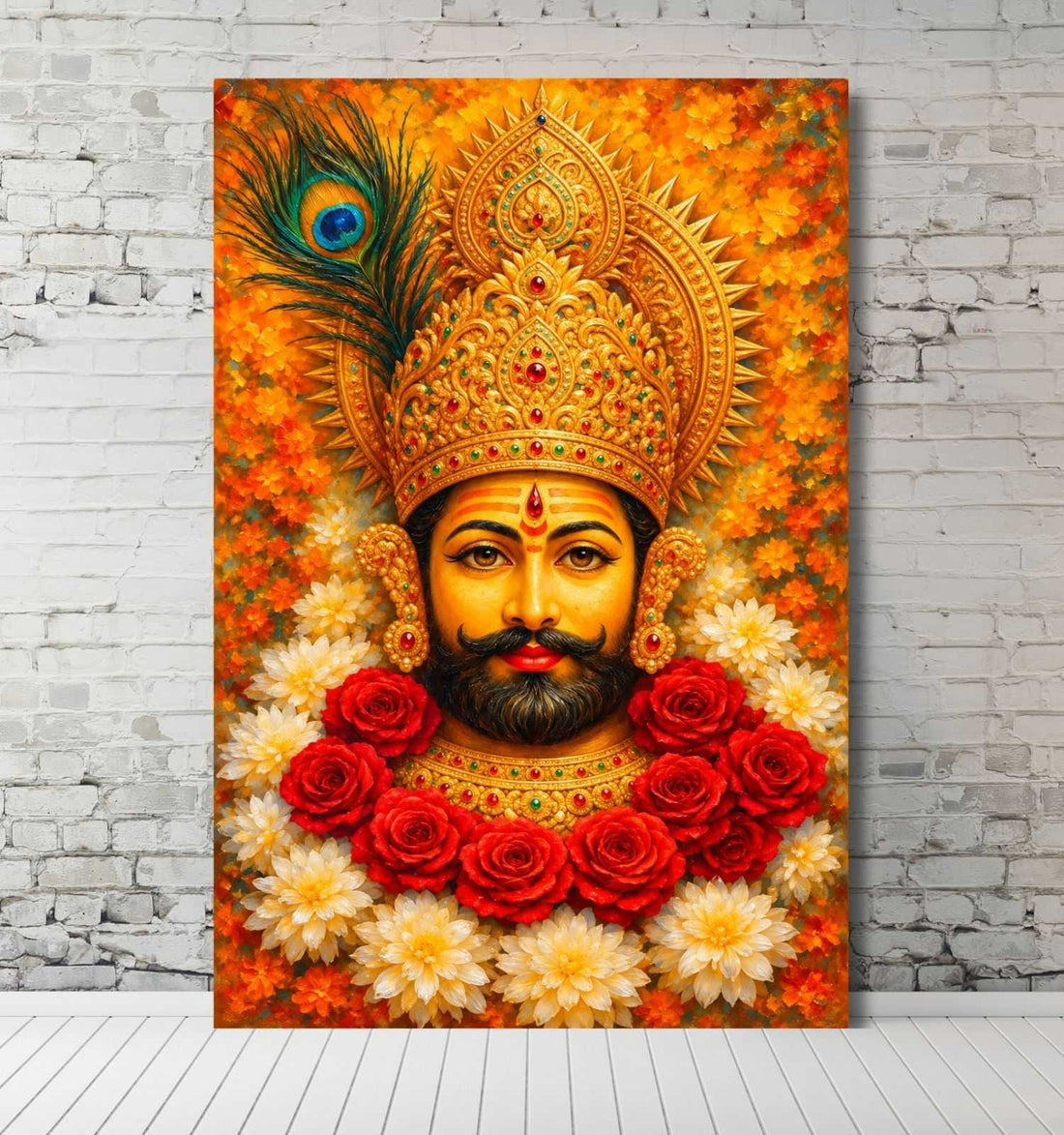 Khatu Shyam Ji Painting | Royal Khatu Shyam Ji Photo in Painting Form with Golden Crown, Peacock Feather & Floral Garland on Premium Canvas