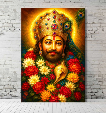 KUNJ CART Khatu Shyam Painting | Divine Khatu Shyam Ji Photo Frame with Peacock Feathers & Colorful Flower Garland