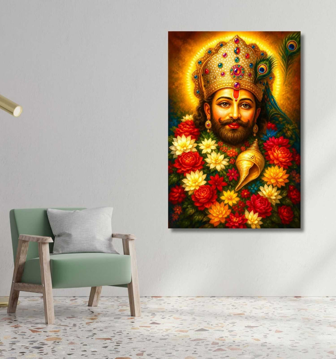 KUNJ CART Khatu Shyam Painting | Divine Khatu Shyam Ji Photo Frame with Peacock Feathers & Colorful Flower Garland