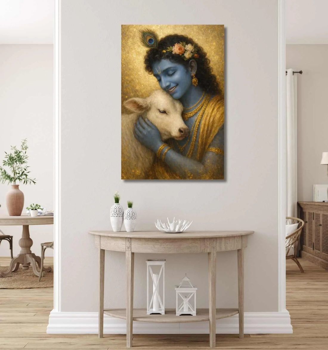 Lord Krishna Painting With Cow | Spiritual Canvas Art with Warm Yellow Aura and Peaceful Expression by KunjCart | radha krishna abstract painting on canvas for Vastu Decor