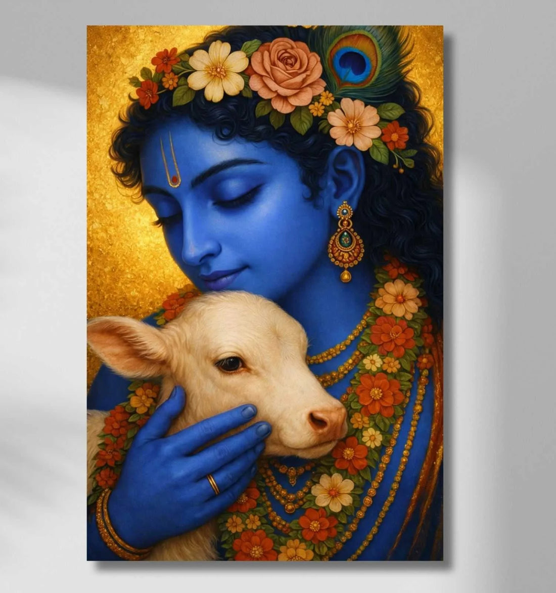 Lord Krishna Painting With Cow in Floral Aura on Canvas | Krishna Painting in Living Room Vastu | KunjCart Abstract Wall Art for Home Décor