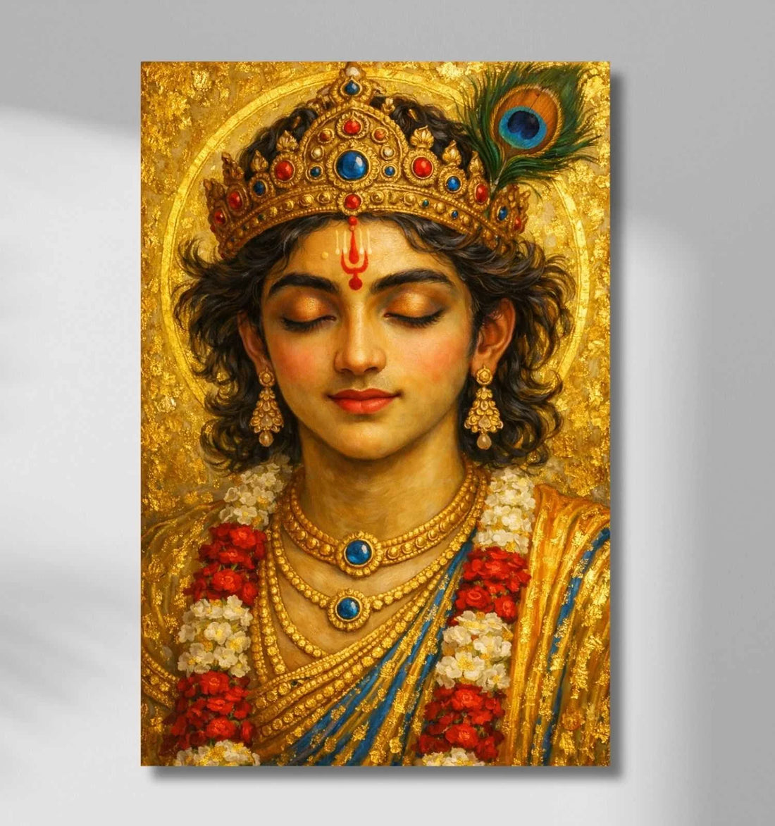 Beautiful Krishna Painting in Royal Golden Blue Theme | Lord Krishna Canvas Painting with Crown & Garland | KunjCart Krishna Painting for Bedroom Wall