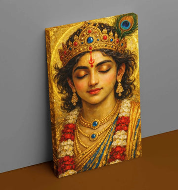 Beautiful Krishna Painting in Royal Golden Blue Theme | Lord Krishna Canvas Painting with Crown & Garland | KunjCart Krishna Painting for Bedroom Wall
