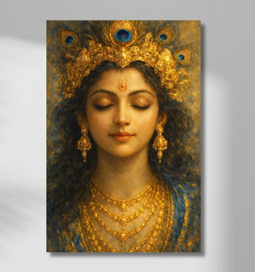 Modern Art Krishna Painting on Canvas | Peaceful Divine Face with Golden Crown and Jewelry | HD Krishna Wall Painting