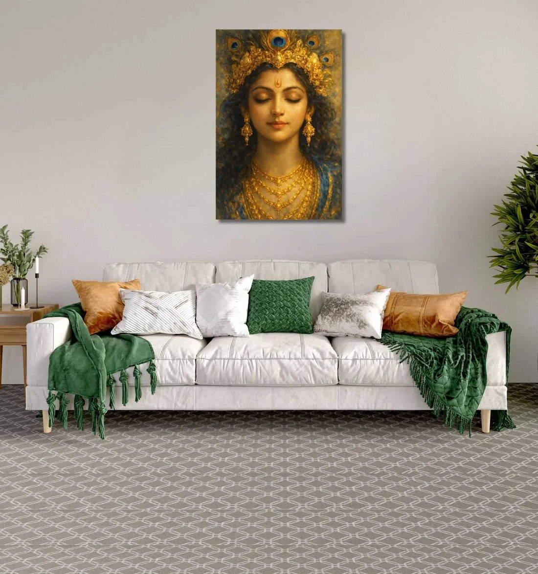 Modern Art Krishna Painting on Canvas | Peaceful Divine Face with Golden Crown and Jewelry | HD Krishna Wall Painting