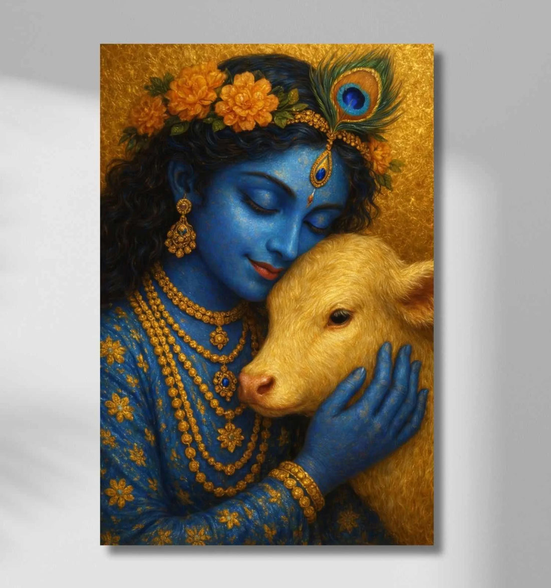 Abstract Krishna Painting With Cow on HD Canvas for Wall Décor | Beautiful Krishna Painting in Bright Blue & Golden Color