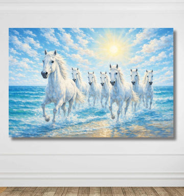 Running Horse Painting White Horses On Ocean Waves With Sunrise For Living Room Wall Decor KunjCart