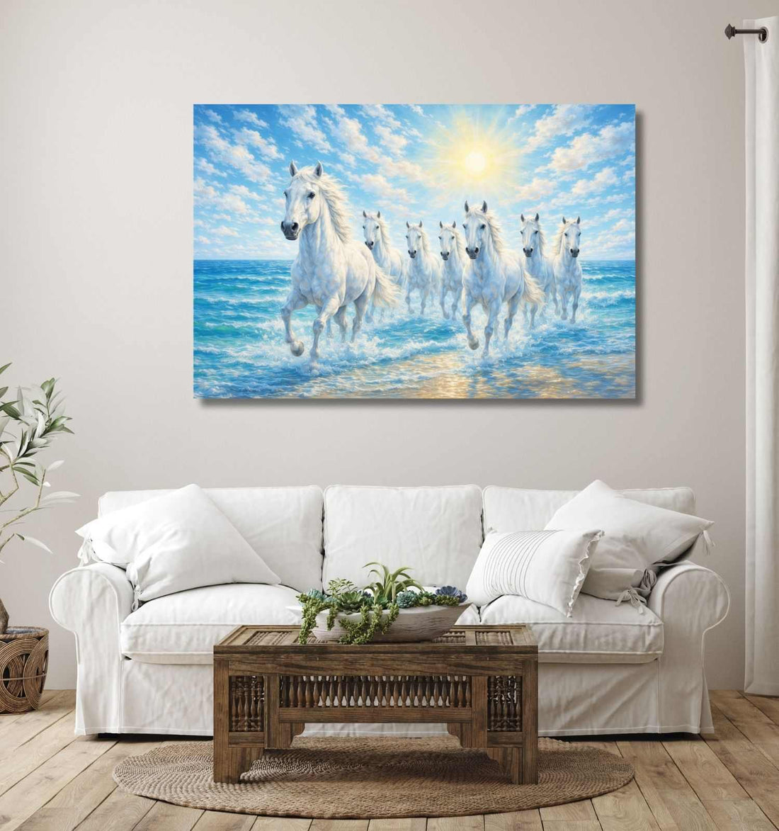 Running Horse Painting White Horses On Ocean Waves With Sunrise For Living Room Wall Decor KunjCart