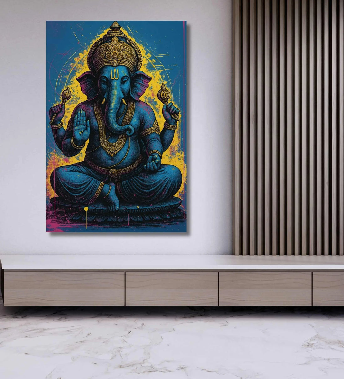 Ganpati Ji Canvas Painting | Abstract Neon Ganesha Wall Art in Blue, Pink & Yellow | Ganesha Painting for Wall Decoration