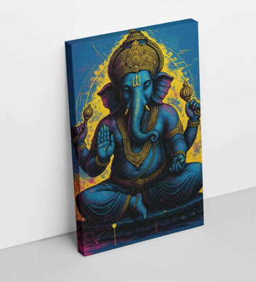 Ganpati Ji Canvas Painting | Abstract Neon Ganesha Wall Art in Blue, Pink & Yellow | Ganesha Painting for Wall Decoration