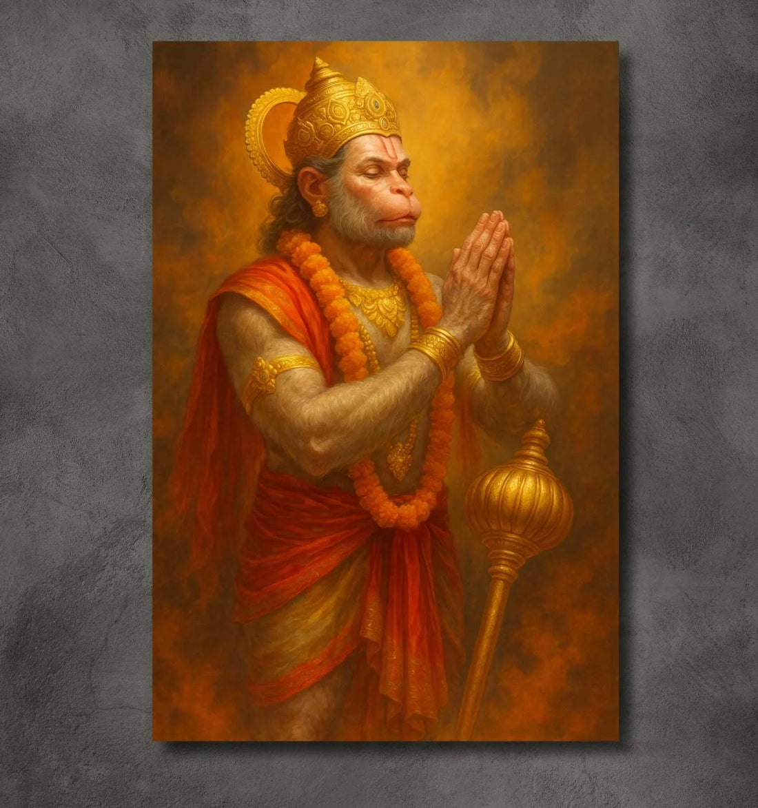 KUNJ CART – Lord Hanuman Painting in Golden Aura | Spiritual Hanuman Painting for Wall | Divine Hanuman Oil Painting on Premium Canvas