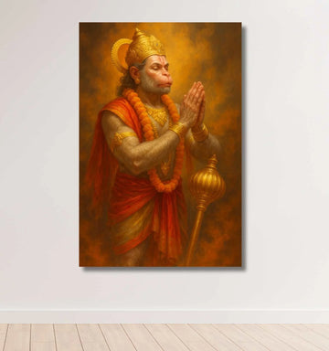 KUNJ CART – Lord Hanuman Painting in Golden Aura | Spiritual Hanuman Painting for Wall | Divine Hanuman Oil Painting on Premium Canvas