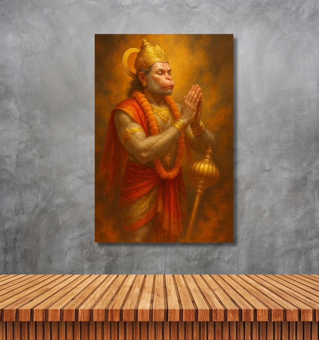 KUNJ CART – Lord Hanuman Painting in Golden Aura | Spiritual Hanuman Painting for Wall | Divine Hanuman Oil Painting on Premium Canvas