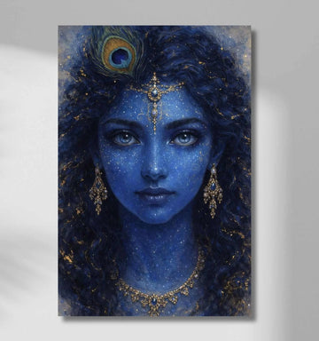 Beautiful Radha Krishna Painting in Cosmic Blue | Lord Krishna Canvas Painting with Peacock Feather and Starry Texture by KunjCart