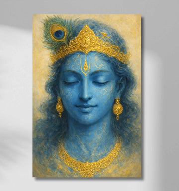 Beautiful Krishna Painting in Calm Blue & Gold Texture | Lord Krishna Canvas Painting with Peacock Feather | KunjCart Krishna Painting for Bedroom Wall