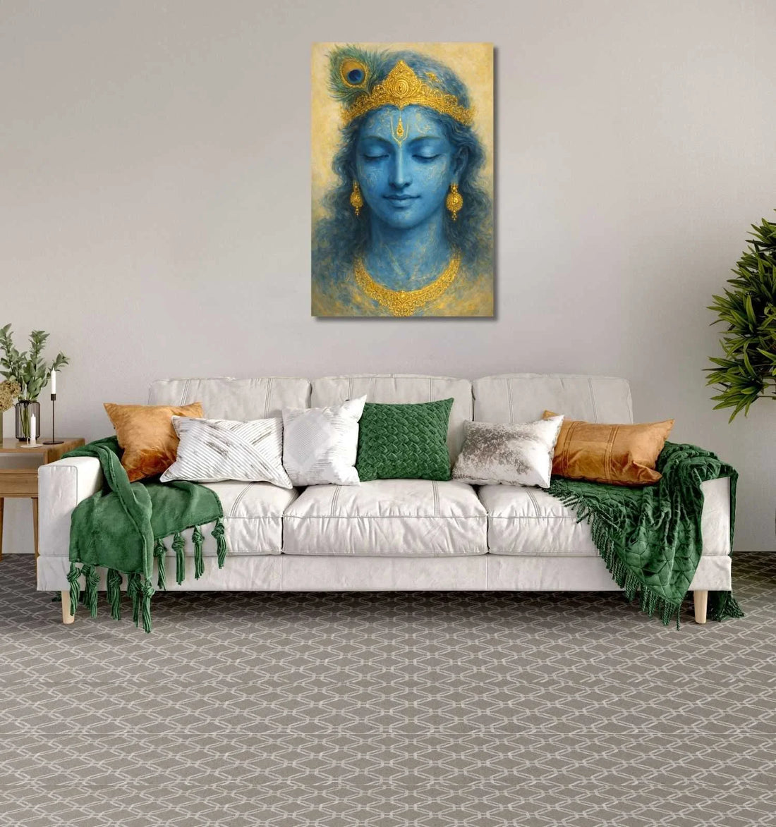 Beautiful Krishna Painting in Calm Blue & Gold Texture | Lord Krishna Canvas Painting with Peacock Feather | KunjCart Krishna Painting for Bedroom Wall